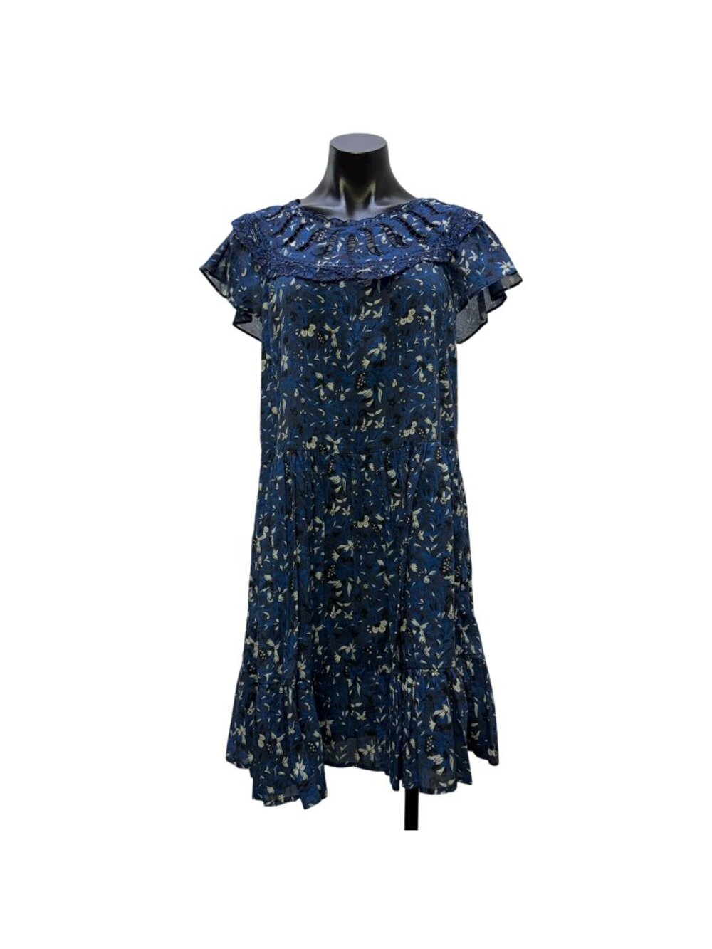 Othilia Blue & White Floral Lace Trim Tiered Dress XS P